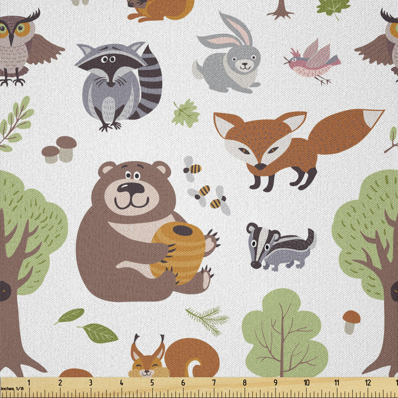 Daim Doodle Woodland Creatures as Honey Bear Rabbit Fox and Raccoon in Nature Habitat Fabric