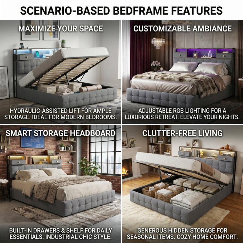 Velvet Ottoman Bed with RGB LED & Charging Station, Tufted Storage Headboard with Drawers, Beige/Grey, EU Double & King Size 140/160x200cm