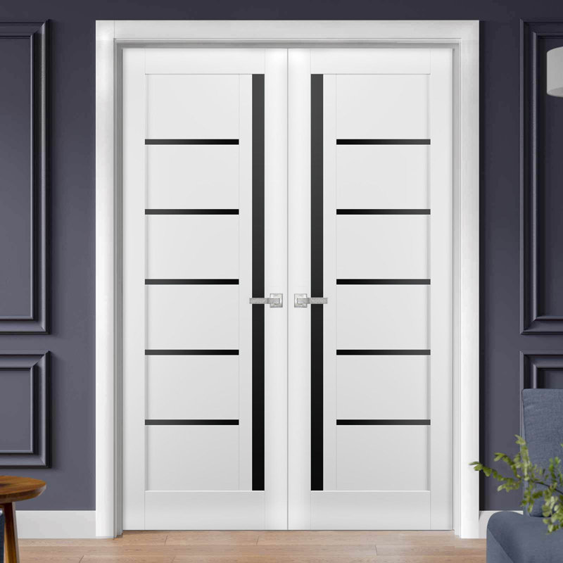 Portes doubles françaises massives Quadro 4588 Blanc Soie avec vitrage noir, cadre en bois massif, portes robustes pour chambre ou garde-robe, 91 x 203 cm (2 x 46 x 203 cm), vitrage noir
