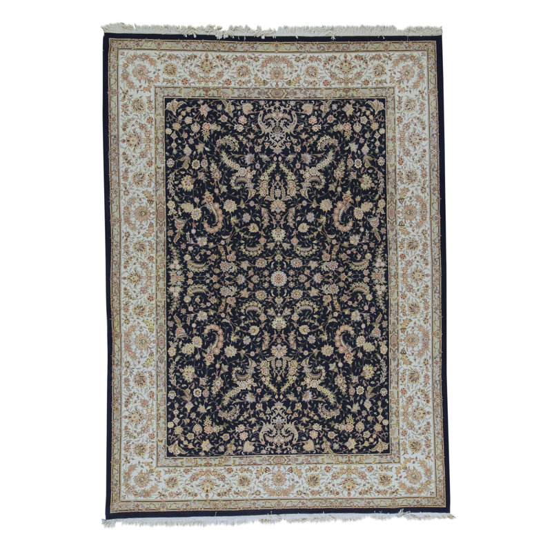 Tapis bleu et ivoire de haute qualité noué à la main