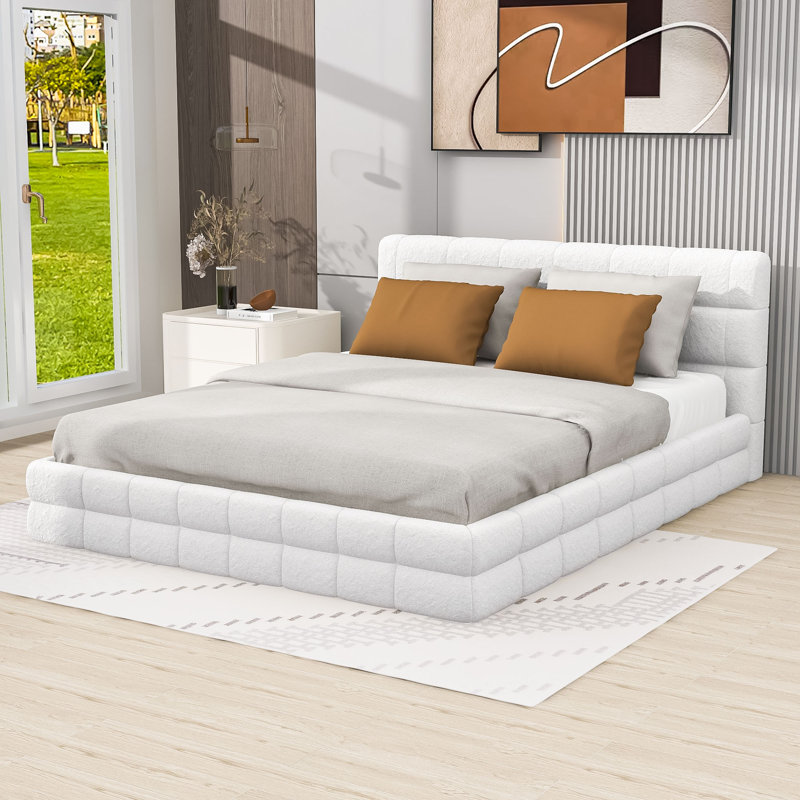 Grand lit plateforme tapissier en bois avec tête de lit, Blanc