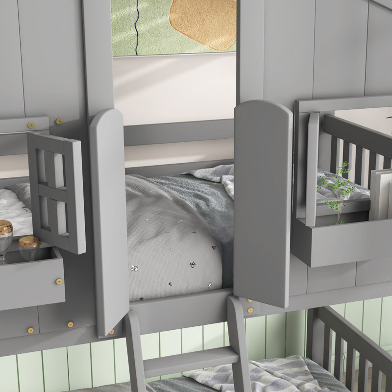 Twin over Twin House Bunk Bed with Roof , Window, Window Box, Door , with Safety Guardrails and Ladder, Gray