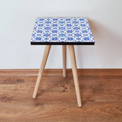 Stylish Side Table, White & Navy Blue, 13.8 x 16.5 x 13.8 inches | 100% MDF with 0.7-inch Thickness, Beech Wood Legs | Oriental Geometric Design, Perfect for Living Room & Bedroom, Durable & Elegant