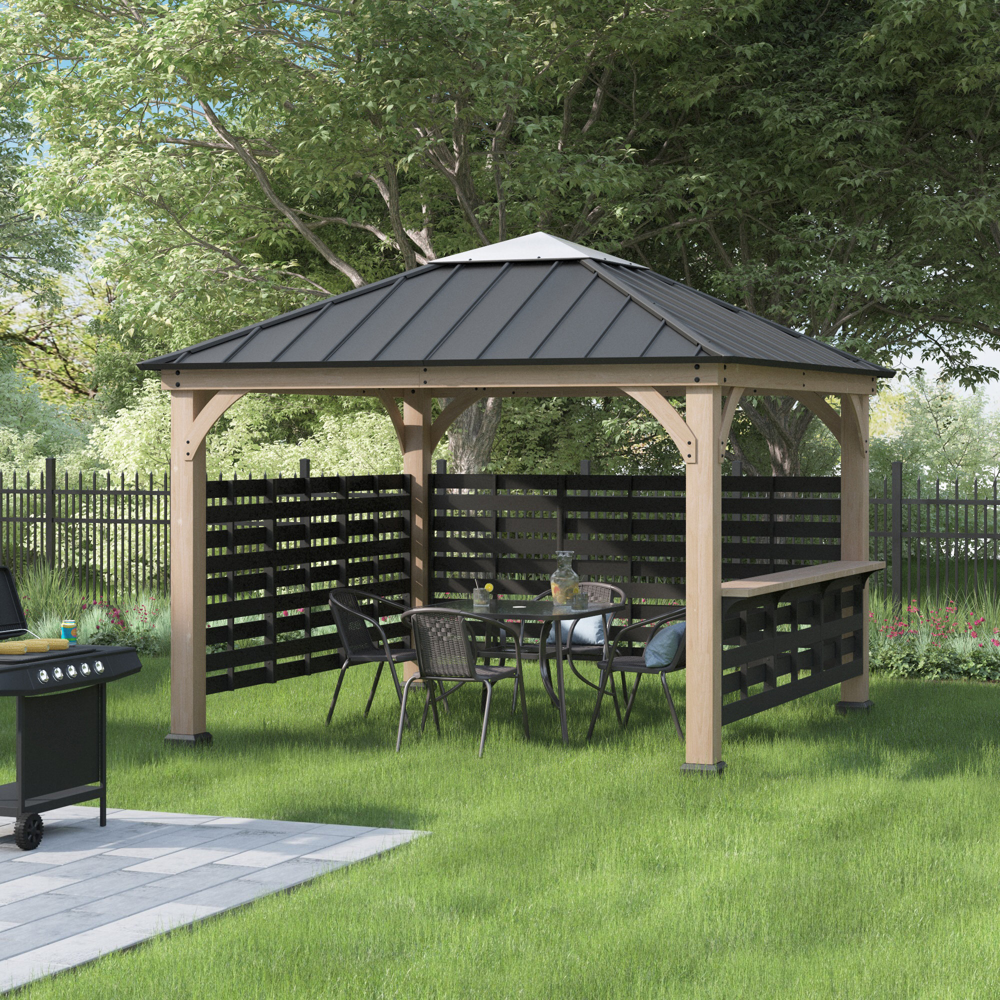 Sunjoy Hardtop Gazebo 11 x 11 ft. Hardtop Gazebo Cedar Wood Framed Hot
