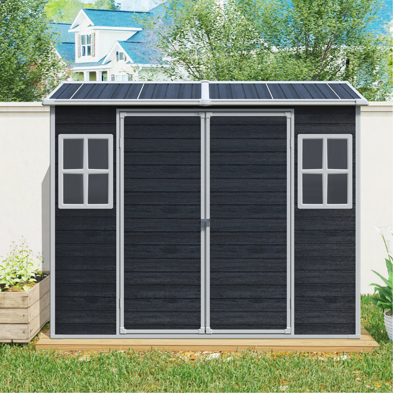 Remise de rangement extérieure 8 pi x 4 pi avec deux fenêtres et deux portes, remise en plastique avec plancher pour gargen, patio, cour, pelouse, noir
