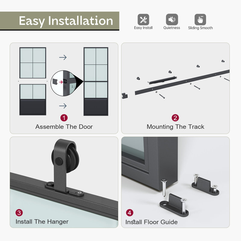 Metal and Glass Sliding Barn Door with Soft Close and Installation Hardware Kit, 30" W x 90" H