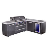 Mont Alpi Mai805-bss90fcxl 6-burner 94"x88" L-shaped Premium Black Stainless Steel Outdoor Kitchen Island Barbecue Gas Grill + Refrigerator + White Granite Countertops + Full Cover + Rotisserie Kit