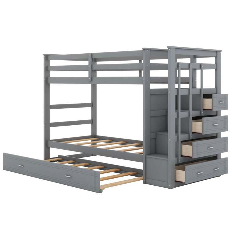 Janneli Kids Twin Over Twin Bunk Bed with Trundle with Drawers, Gray