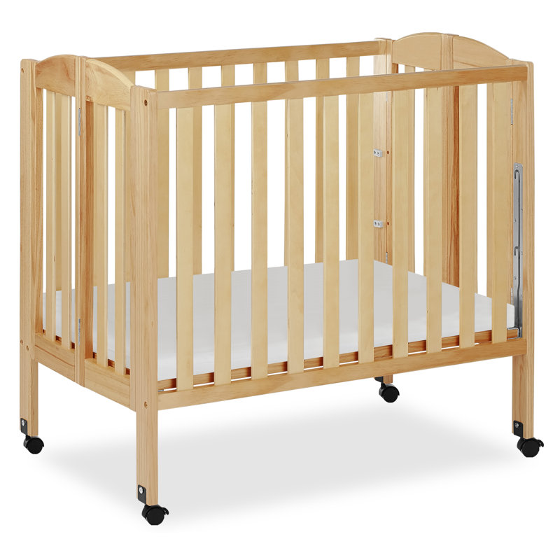 Natural Pine Convertible Folding Portable Crib with Locking Wheels