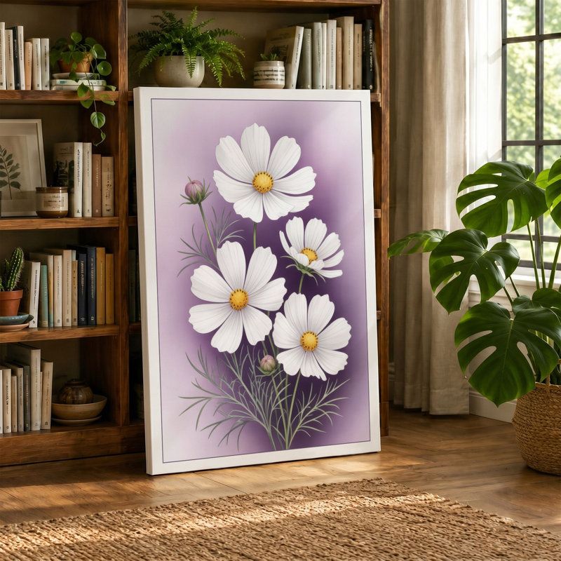 Daisies in Purple Light Botanical - Wrapped Canvas, 18x12 - 45.7 x 30.5 cm, Ochre Border