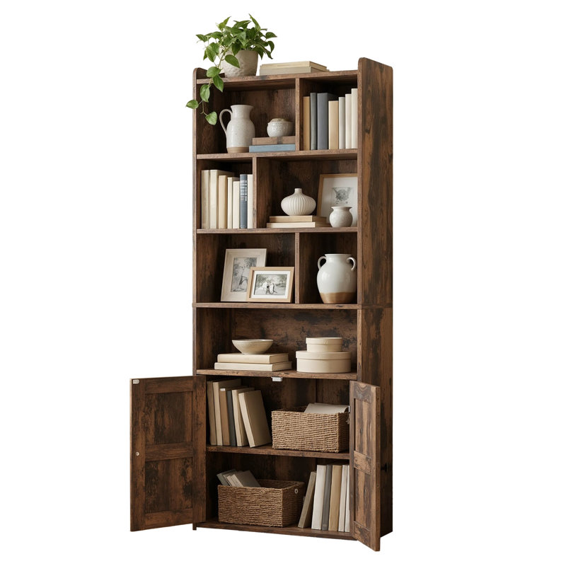 Bookcase With Open Cubbies & Cabinet, Brown, (6 Shelves) 158cm. H x 60cm. W x 30cm. D