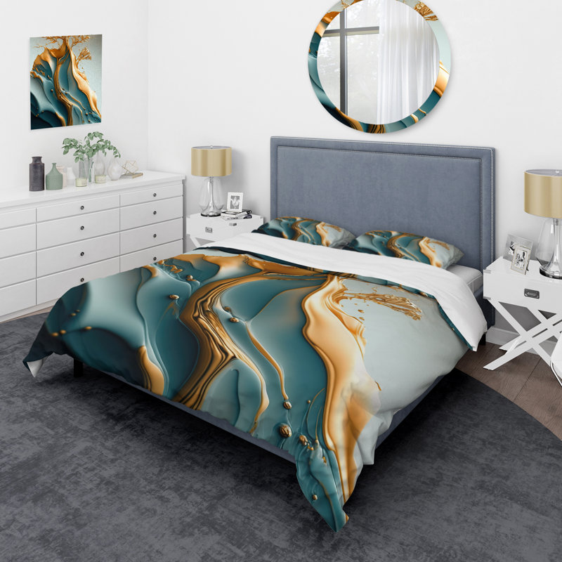 Ensemble de housse de couette en microfibre / polyester à motif abstrait feuilles bleues et dorées III