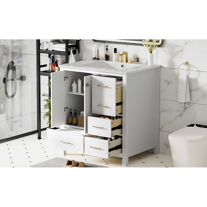 Ensemble de meuble-lavabo 30 po avec lavabo en céramique, armoire de rangement en bois massif, ensemble de meuble-lavabo autoportant avec 4 tiroirs et portes à fermeture douce