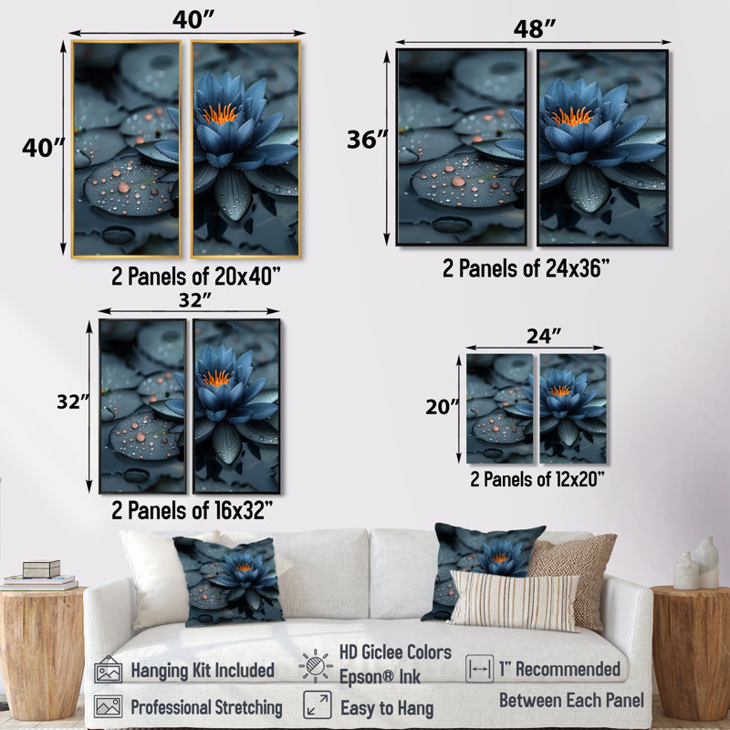 Étang de lotus bleu bleu rayonnant I - art mural moderne bleu 2 pièces, 36" H x 48" W, Impression encadrée flottante, Gold