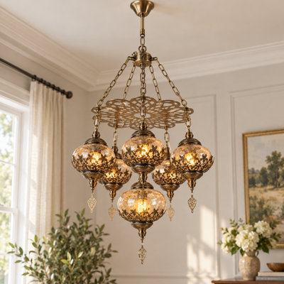 Lustre marocain vintage à 6 lumières, à intensité variable, avec abat-jour en verre craquelé (ampoule incluse)