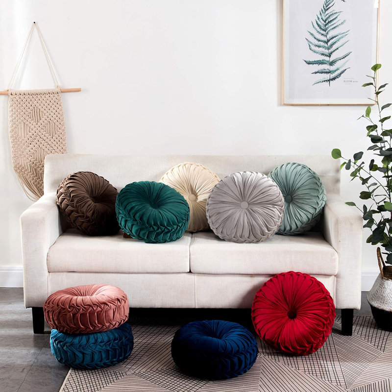 Velvet Round Decorative Pillow for Sofa Decor (15-Inch), Light Gray