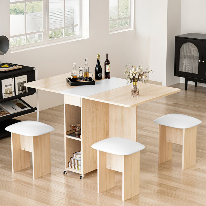 Ensemble de salle à manger pliable pour 4 personnes - Table compacte avec roulettes et chaises en cuir
