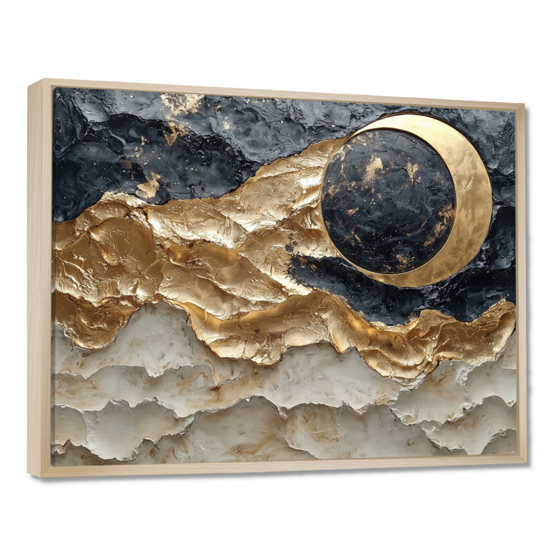 Golden Eclipse on Marble Dancing Waves I - Abstract Realism, art mural, H 12 po x l 20 po, Cadre flottant, Crème, crème