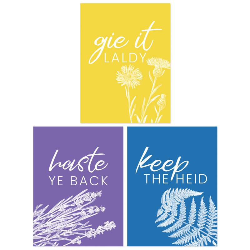 Floral Scottish Sayings Yellow Purple Blue Colourful Botanical - 3 Piece No Frame Print Set, 29.7cm H x 21cm W x 0.4cm D