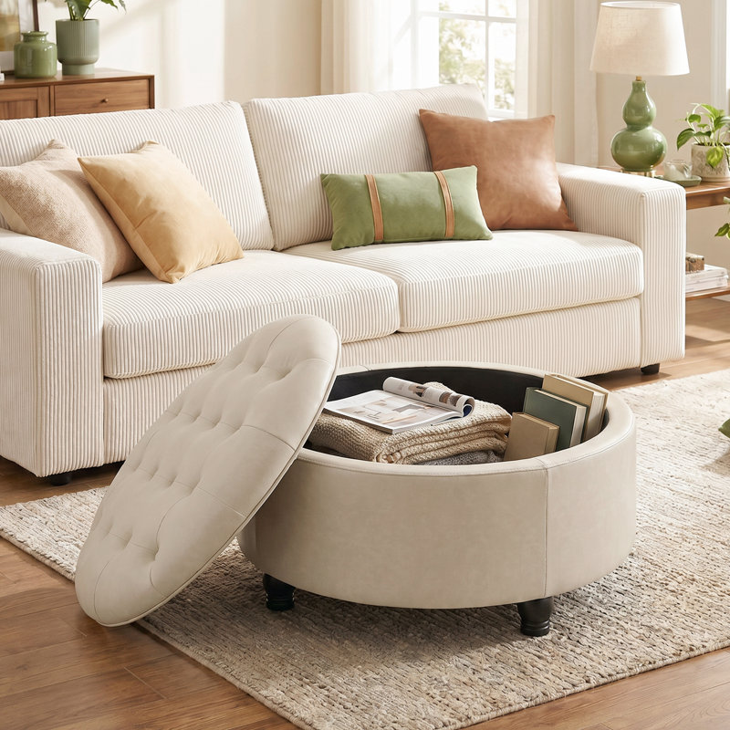 Dimitrika 29.5'' W Faux Leather Tufted Storage Ottoman, Beige