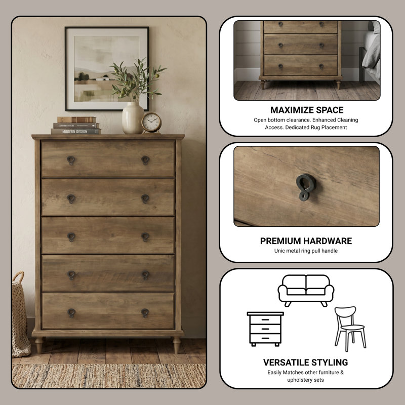 Aleana 31.2" W Solid Wood Tapered Legs 5-Drawer Chest of Drawers