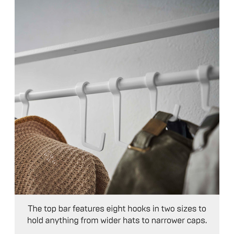 White Steel Freestanding Coat Rack with Wooden Bar and Hooks