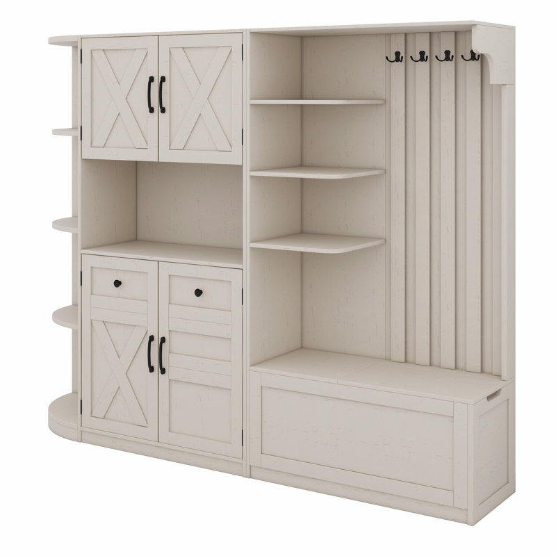 Multifunctional Left-Right Combination Hall Cabinet With Storage And Hooks, Storage Cabinet/ Hall Tree 2 In 1, Antique Beige