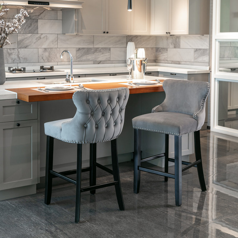 Upholstered Counter Stool with Solid Wood Frame, Grey