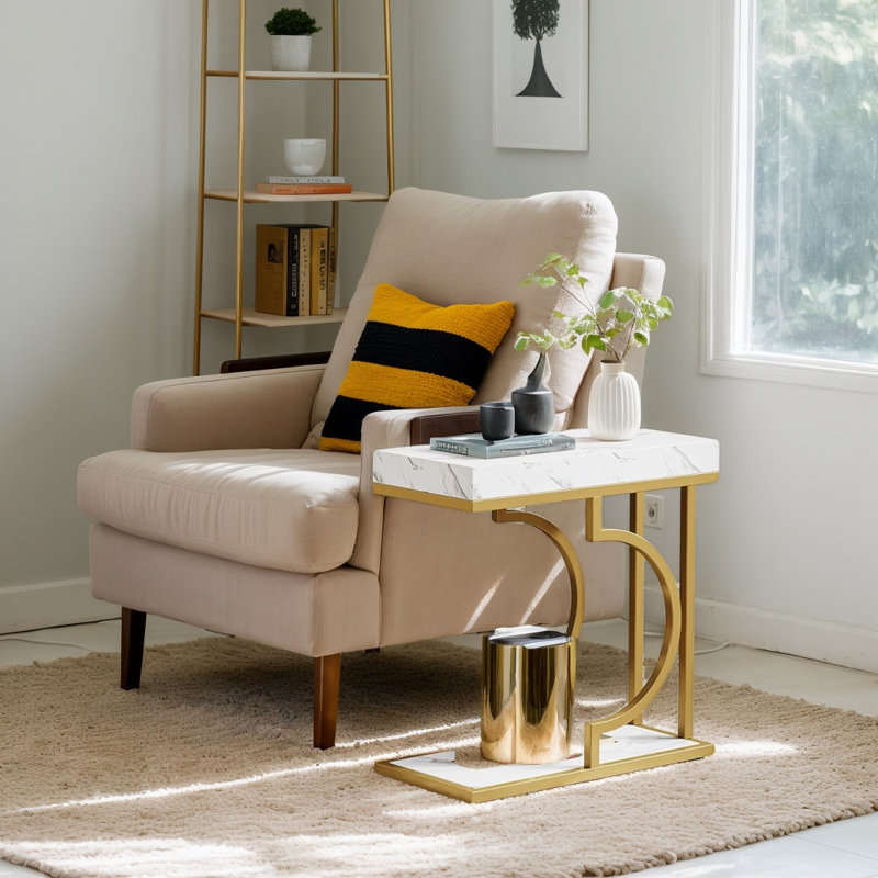 Table de bout moderne en forme de C avec structure en métal, table d'appoint étroite et table de chevet pour le salon et la chambre à coucher