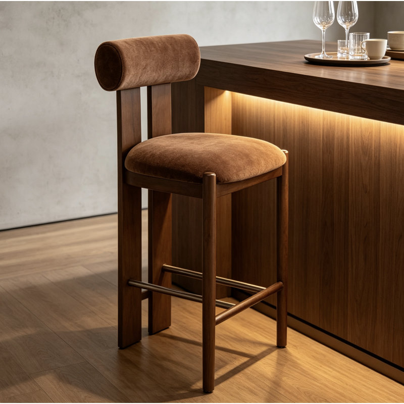 Tabouret de bar à hauteur de comptoir en bois massif avec dossier rembourré en rouleau, Marron foncé