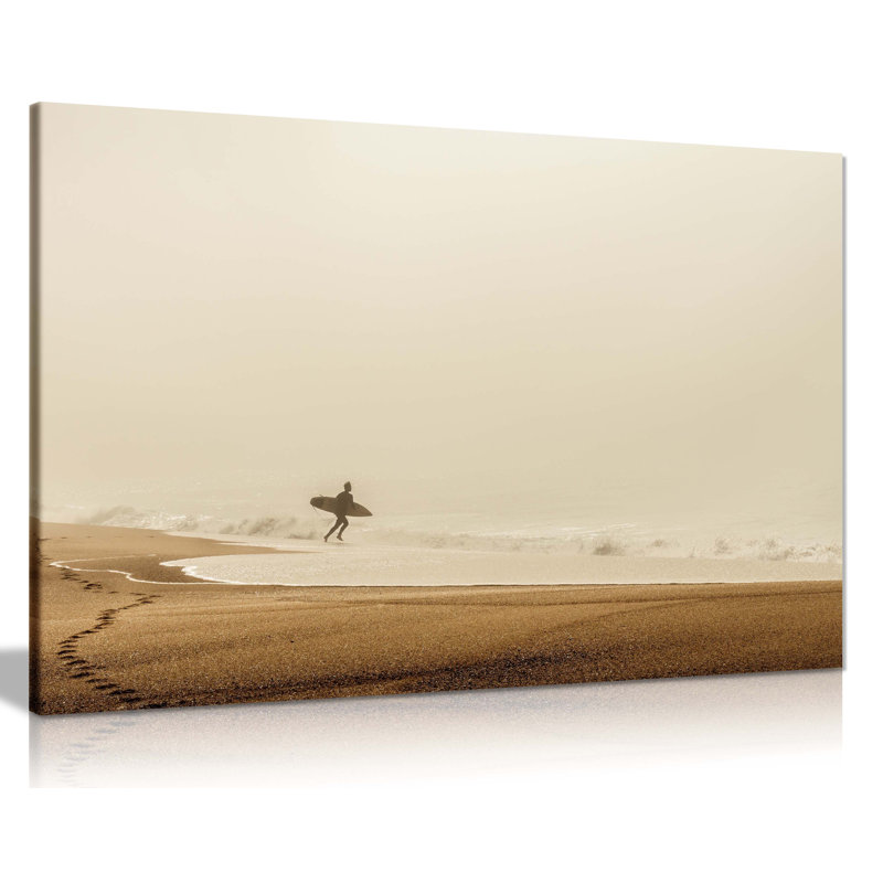 Sand And Running Surfer - Wrapped Canvas Print, 20cm H x 31cm W