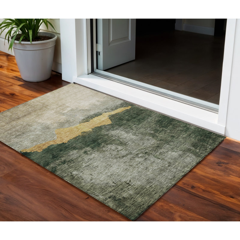 3' X 5' Fern Green Gold And Gray Abstract Washable Indoor Outdoor Area Rug