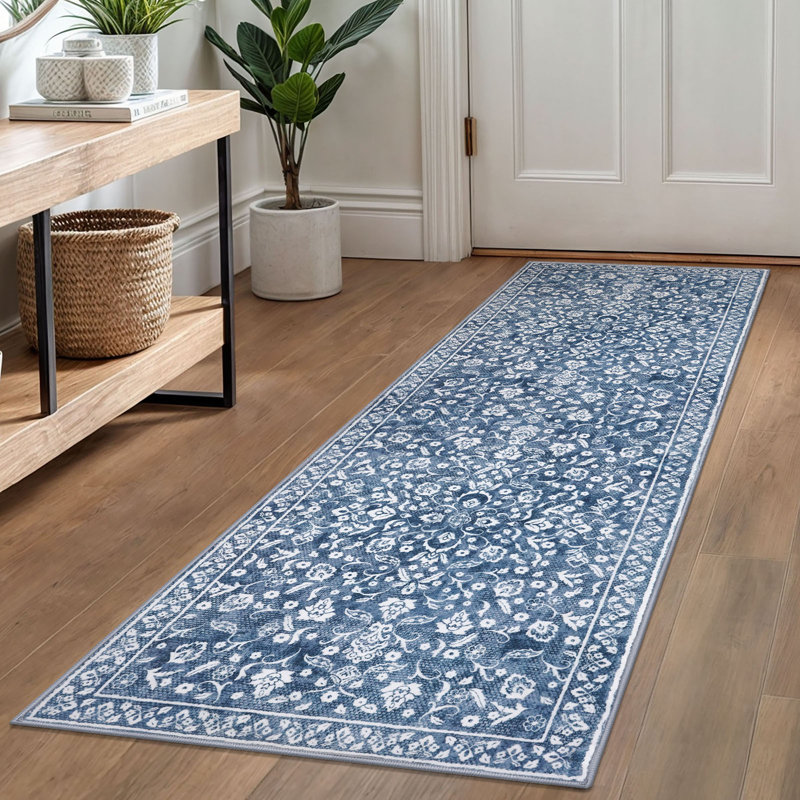 Blue Machine Washable Rugs for Bedroom Non-Slip Low Pile Throw Rugs with Rubber Backing Washable Carpet, Runner 2' x 6'