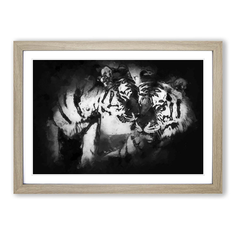 Two Snuggling Tigers in Abstract - Picture Frame Painting Print on MDF, Oak Framed, 36cm H x 48cm W x 2cm D
