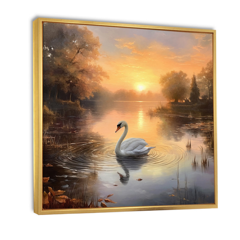 Cygne blanc, coucher de soleil romantique I, Cadre flottant doré, H 36 po x l 36 po x P 1,5 po