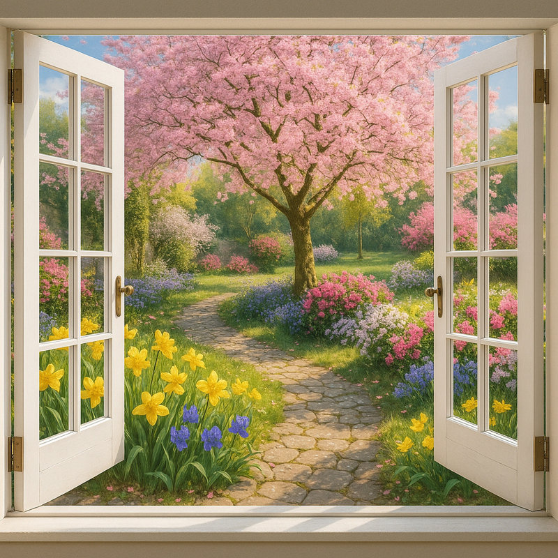 Sentier de jardin printanier - Cerisier en fleurs et jonquille