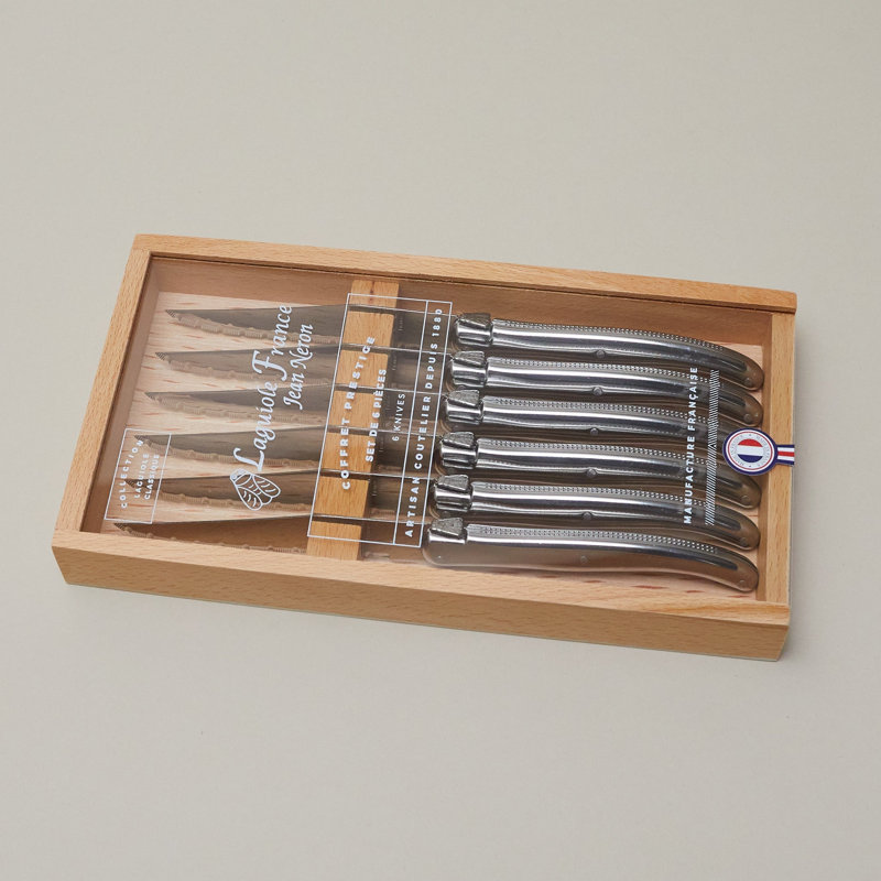 Ensemble de 6 couteaux à steak Laguiole, acier inoxydable Platine dans une boîte en bois avec couvercle en acrylique