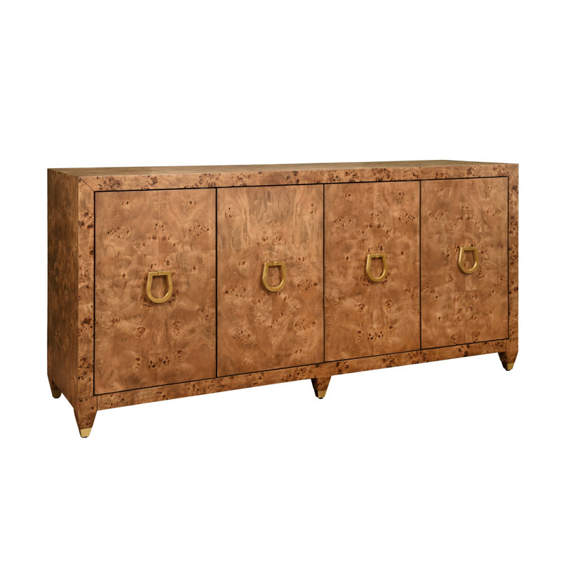 Four Door Buffet With Satin Brass Horsebit Inspired Hardware And Foot Caps In Burl Wood, Dark Burl Wood