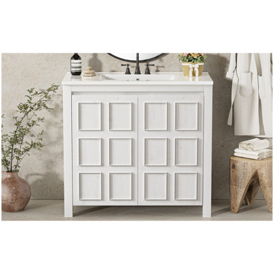 Organisateur de meuble-lavabo 36 po avec lavabo en céramique, ensemble armoire de rangement pour salle de bain, blanc antique