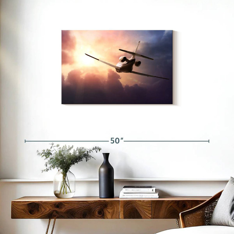 Avion Mehar au coucher du soleil, H 20 po x l 30 po