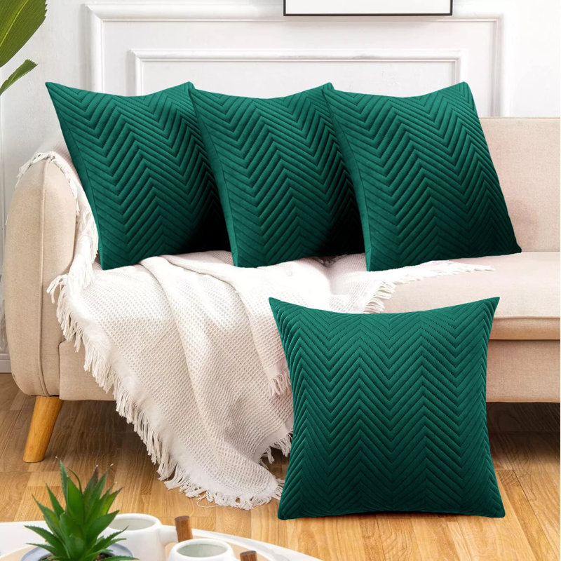 Luxury Chevron Embossed Quilted Pattern Velvet Cushion Cover Set (4-Pack) - Soft Throw Cushion Cover for Home Décor, Emerald