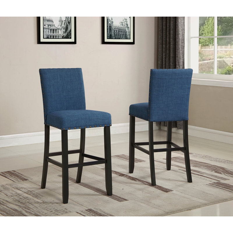 Tabourets de bar en tissu avec garniture cloutée, ensemble de 2, Bleu