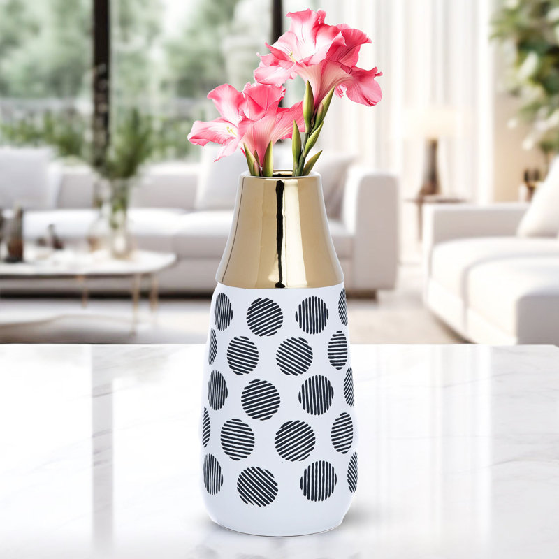 Vase en céramique: bordure dorée, fleurs fraîches et fausses, Blanc