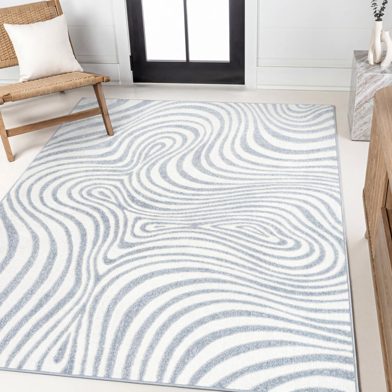 Tapis intérieur / extérieur rayé bleu clair / ivoire Maribo, Rectangle 5 pi 3 po x 7 pi 7 po