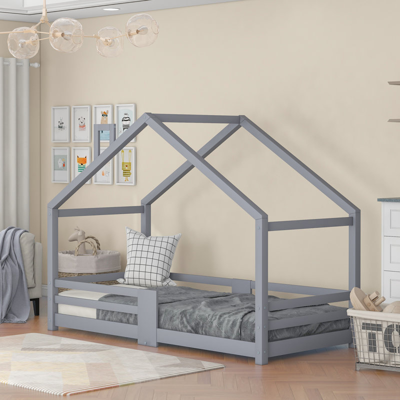 Giddings Children's Wooden House Bed 90 x 200 cm, incl. Blackoard | Slatted Frame | Fall Protection, Made of Pine Wood (without mattress)