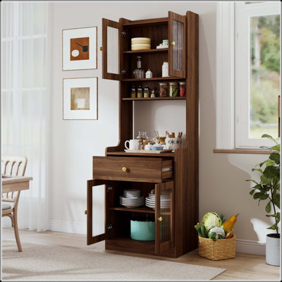 Armoire de cuisine noire avec support à micro-ondes et compartiment ouvert