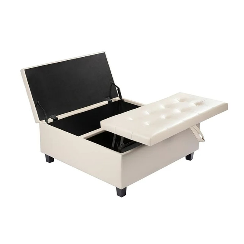 Ciara 35.43" Wide Button Tufted Square Storage Ottoman Upholstered Lift Top Large Ottoman Coffee Table, Cream Faux Leather