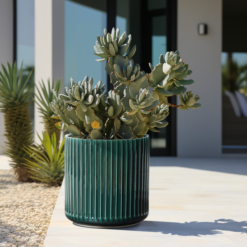 Jade Green Ribbed Round Ceramic Planter, 12.99" H x 13.78" W x 13.78" D