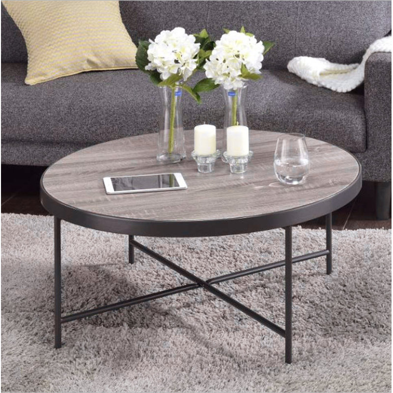 Table basse ronde en bois avec cadre en métal, Gris carreauté