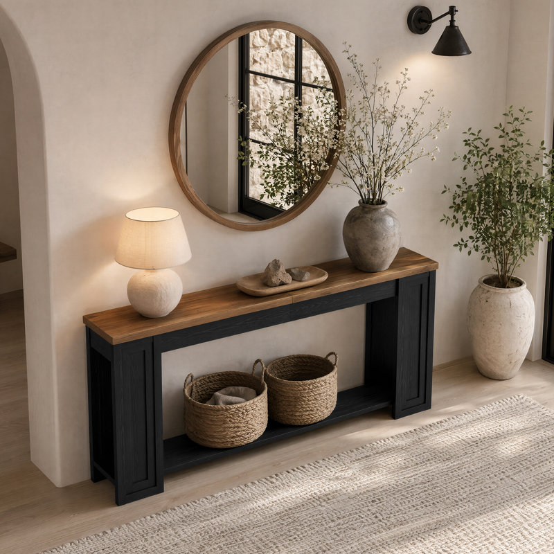 Console très longue de 83 pouces, table de ferme à 2 niveaux, table d'entrée étroite pour salon, couloir, vestibule, vestibule, noir et brun